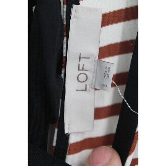 Loft Sleeveless Swing Dress Black Brown Ivory Striped Tie Back Small $70 NWT - Picture 7 of 8